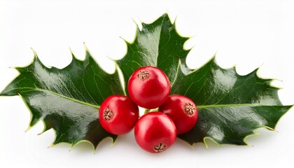 christmas holly leaves and red berries isolated on white background