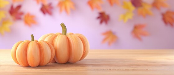 The vibrant pumpkins surrounded by colorful autumn leaves on wooden surface.