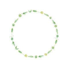 Round frame of green unicellular organisms, phytoplankton on white background. Watercolor illustration, hand drawn in cartoon style. Drawing for stickers, book, poster. Biology, ecology, animal, natur