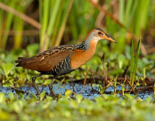 Small reddish-brown bird with black markings foraging in shallow, green water among vegetation