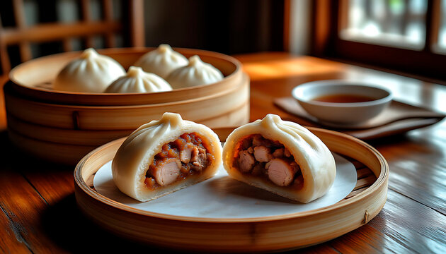 Delicious bao buns filled with chicken and sauce, served on a wooden table alongside a cup of tea, create an inviting culinary scene