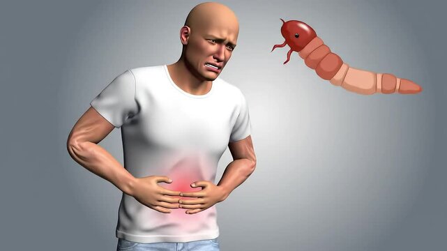 Conceptual 3D animation of a person experiencing intense stomach ache and cramping, a medical visualization of an intestinal parasite infection and its painful effects.