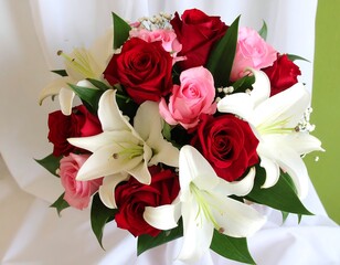 Fototapeta premium Vibrant bouquet of red and pink roses and white lilies
