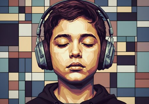 Geometric pop art portrait of autistic child boy with yellow headphones and colorful grid background representing autism awareness and sensory world