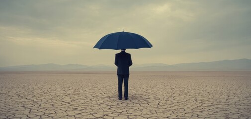The businessman holding an umbrella in a desolate landscape of cracked earth.