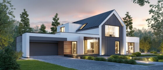 The elegant modern house set in a serene landscape during twilight.