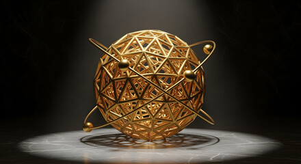 Golden Geometric Sphere with Orbital Rings Abstract 3D Render