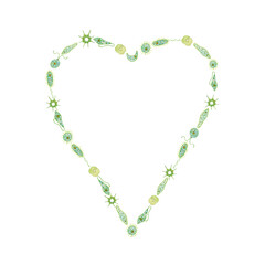 Heart shaped frame made of green single-celled organisms, phytoplankton on white background. Watercolor illustration hand drawn in cartoon style. Drawing for stickers, book, poster. Biology, ecology