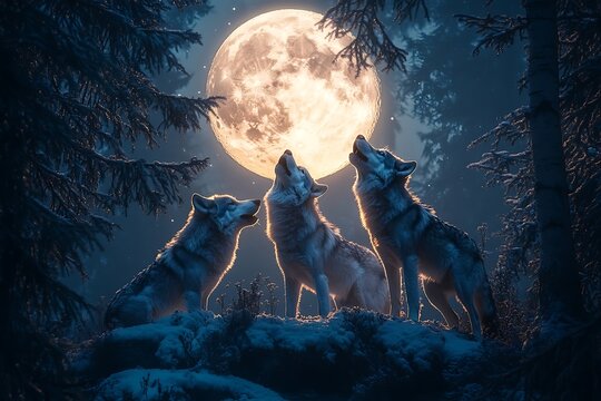 Three wolves howling at a large full moon in a dark forest