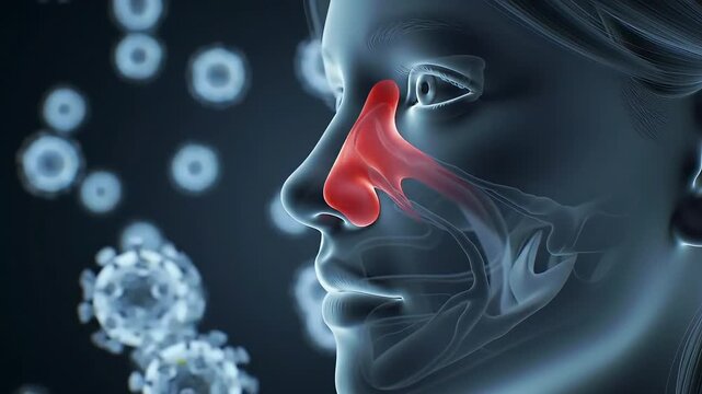 Advanced 3D visualization showcasing the intricate human sinus passages highlighted in red, surrounded by viral particles, symbolizing respiratory illness and infectious disease impact on health.