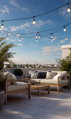 Elegant rooftop terrace setting with string lights illuminating a modern outdoor living space featuring comfortable seating and lush greenery under a bright blue sky creating an