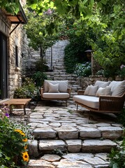 Obraz premium Explore outdoor living space ideas stone patio design and garden furniture inspiration for backyard oasis