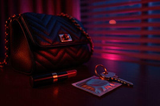 Condom, keys, and lipstick on table. Use for safe sex campaigns, sexual health awareness, nightlife safety tips, and relationship advice marketing.
