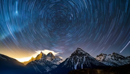 celestial arcs illuminate jagged mountain peaks under a vast swirling night sky