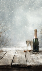 Festive winter celebration with sparkling champagne glasses on weathered wooden surface evoking joy in snowy atmospheric scene for holidays toast capturing the spirit of winter