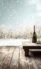 Festive winter scene with champagne bottle and glasses on rustic wooden table overlooking snowy landscape celebrating new year christmas holiday vacation or special occasion in