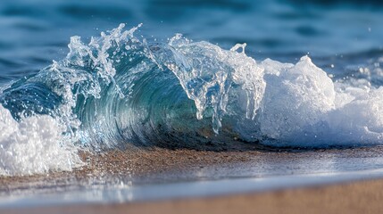 Obraz premium Blue Wave Rolling Onto a Sand Beach – Turquoise Swells Curl and Crash Gently, Foam Kissing the Warm Golden Sands Under Sunlit Skies