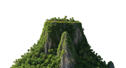 Steep Flat-Topped Mountain Covered in Dense Green Vegetation Isolated on White Background