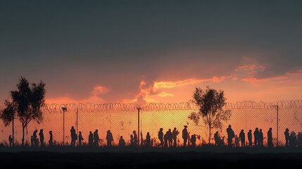 Migrant crisis border security fence at sunset barbed wire immigration refugees silhouette seeking asylum hope 96