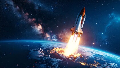 Obraz premium Space shuttle launching into space, fiery exhaust plumes visible against Earth's curve and starry backdrop