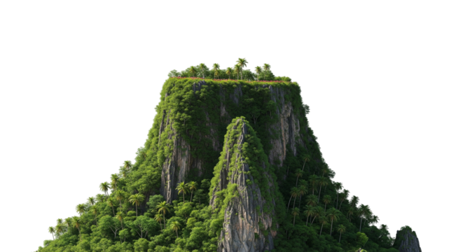 Steep Flat-Topped Mountain Covered in Dense Green Vegetation Isolated on White Background