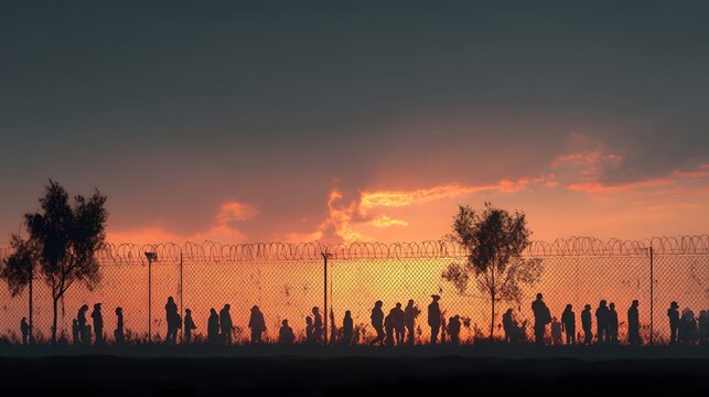 Migrant crisis border security fence at sunset barbed wire immigration refugees silhouette seeking asylum hope 96 - Powered by Adobe