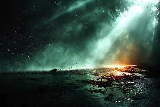 Misty forest landscape with sun rays and water reflections nature scene dark ethereal background