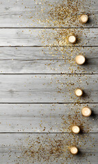 Golden Glitter and Candles on Rustic Wooden Planks Background Festive Sparkle Ambiance Warm Illumination Decor for Celebrations and Special Occasions Cozy Atmosphere and