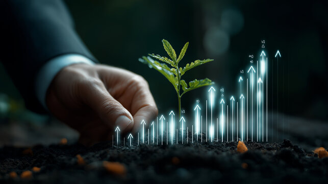 Hand touch plant symbolize growth sustainability chart graph chart line graph illustrate business. - Powered by Adobe