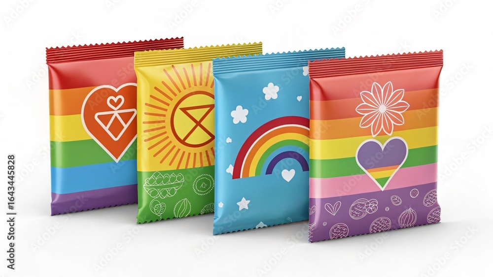 Poster colorful packets on display: four vibrant packets showcase a rainbow of colors and playful designs, 