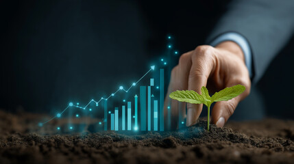 Hand touch plant symbolize growth sustainability chart graph chart line graph illustrate business.