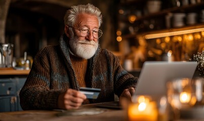 Senior man doing online shopping with laptop and credit card at home for retirement lifestyle