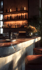 Elegant bar interior showcases sophisticated cocktail glass and ambient lighting creating inviting atmosphere for relaxation or socializing at pub featuring blurred liquor