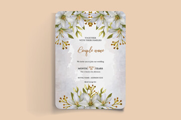 WEDDING INVITATION FRAME WITH FLOWER DECORATIONS AND FRESH LEAVES