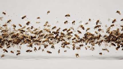Gathering of Bees in Flight Against White Background