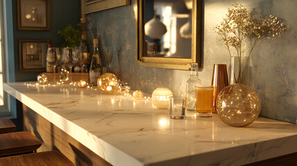 Elegant marble bar top adorned with decorative glowing orbs candles and glassware creating a warm inviting atmosphere under soft natural light perfect for home decor and