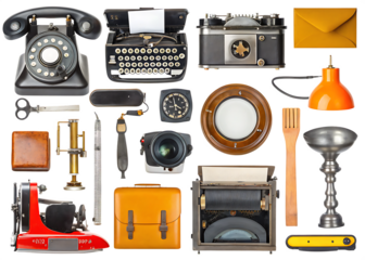 Vintage objects collection antique technology and accessories isolated on a transparent background