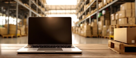 The laptop positioned on a wooden desk in an organized warehouse environment.
