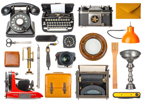 Vintage objects collection antique technology and accessories isolated on a transparent background