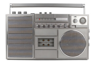 Obraz premium Vintage boombox with silver handle and speakers isolated on a transparent background