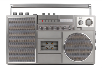Vintage boombox with silver handle and speakers isolated on a transparent background