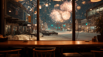Cozy Cafe Window View of Snowy Town Street with Fireworks Display at Night Capturing the Festive Winter Season and Holiday Cheer in a Tranquil and Atmospheric Scene with Warm