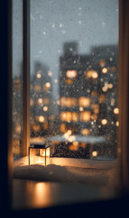 Cozy winter night window view with lantern and blurred cityscape creating a warm and inviting atmosphere during snowfall perfect for holidays or seasonal designs a tranquil scene