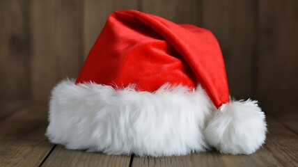 Celebrate the holidays with this classic red and white Santa hat on a rustic wood background for a festive vibe