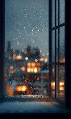 Cozy winter window view with snowfall over blurry city lights creating a festive and serene atmosphere for seasonal backgrounds perfect for a holiday mood in a tranquil indoor