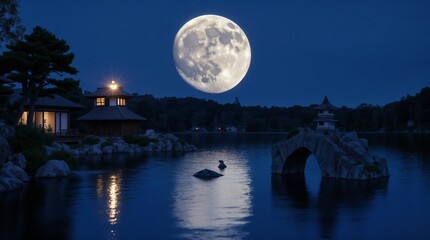 The full moon reflects in the calm pond water — Moon Viewing Festival, harmony of nature and tranquility
