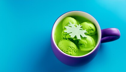 bright green dessert treat in a purple mug on a blue surface