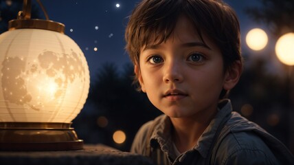 Naklejka premium Young boy gazing at glowing moon lantern — traditional Tsukimi festival, moon viewing in Japan