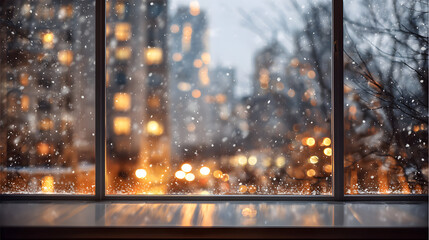 Cozy winter scene of snowflakes falling outside a window with bokeh lights from the city buildings creating a warm glow perfect for holiday greeting cards or seasonal designs