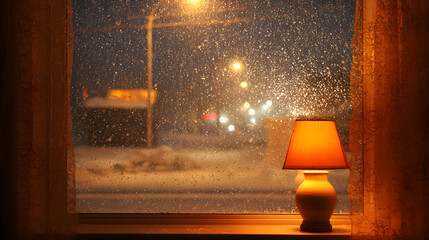Cozy indoor glow of a lamp during a snowstorm creates a serene scene offering a comforting and warm ambiance juxtaposed with the cold snowy evening outside providing a peaceful